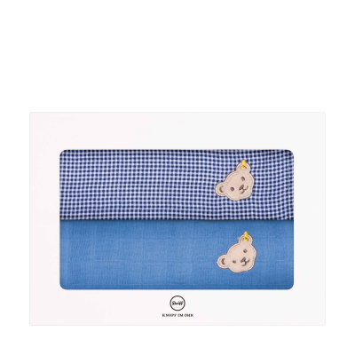 Steiff 2 x Spucktuch (Blau und kariert)  Geschenkbox GOTS