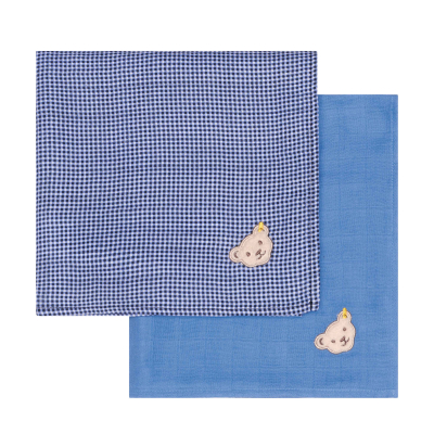 Steiff 2 x Spucktuch (Blau und kariert) Geschenkbox GOTS